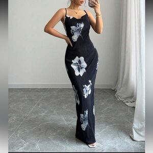 Black Floral Satin Dress